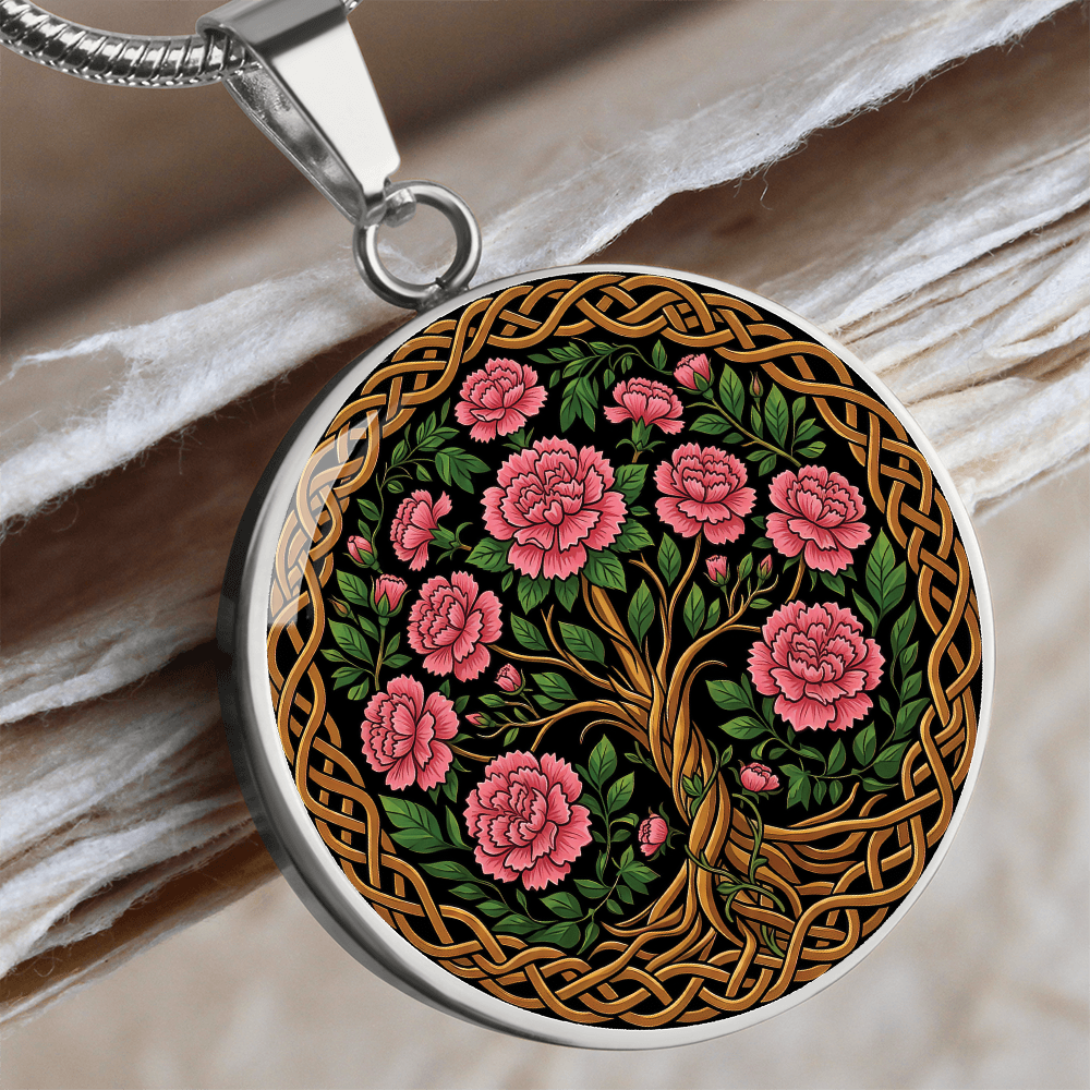 Celtic Tree of Life Pendant Necklace - Carnation January Birth Flower Jewelry