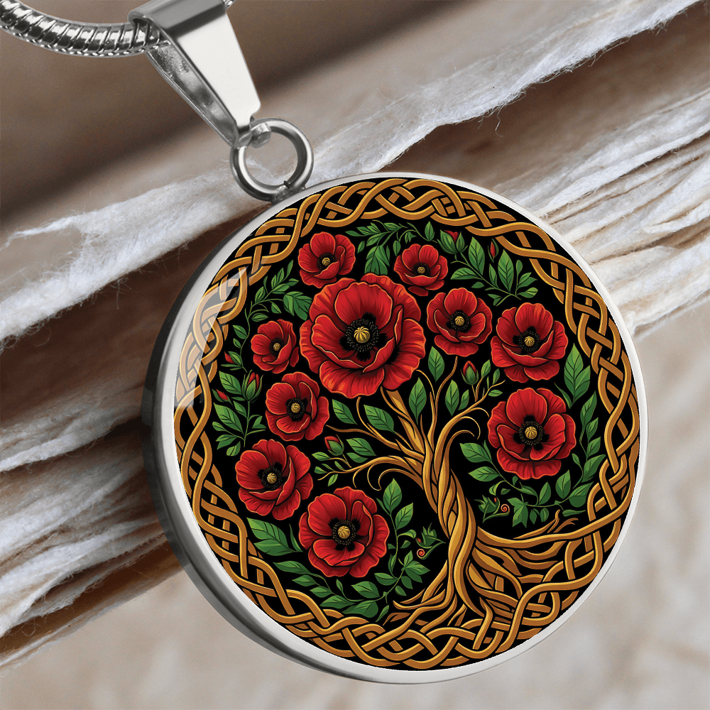 Celtic Tree of Life Pendant Necklace - Poppy August Birth Flower Jewelry