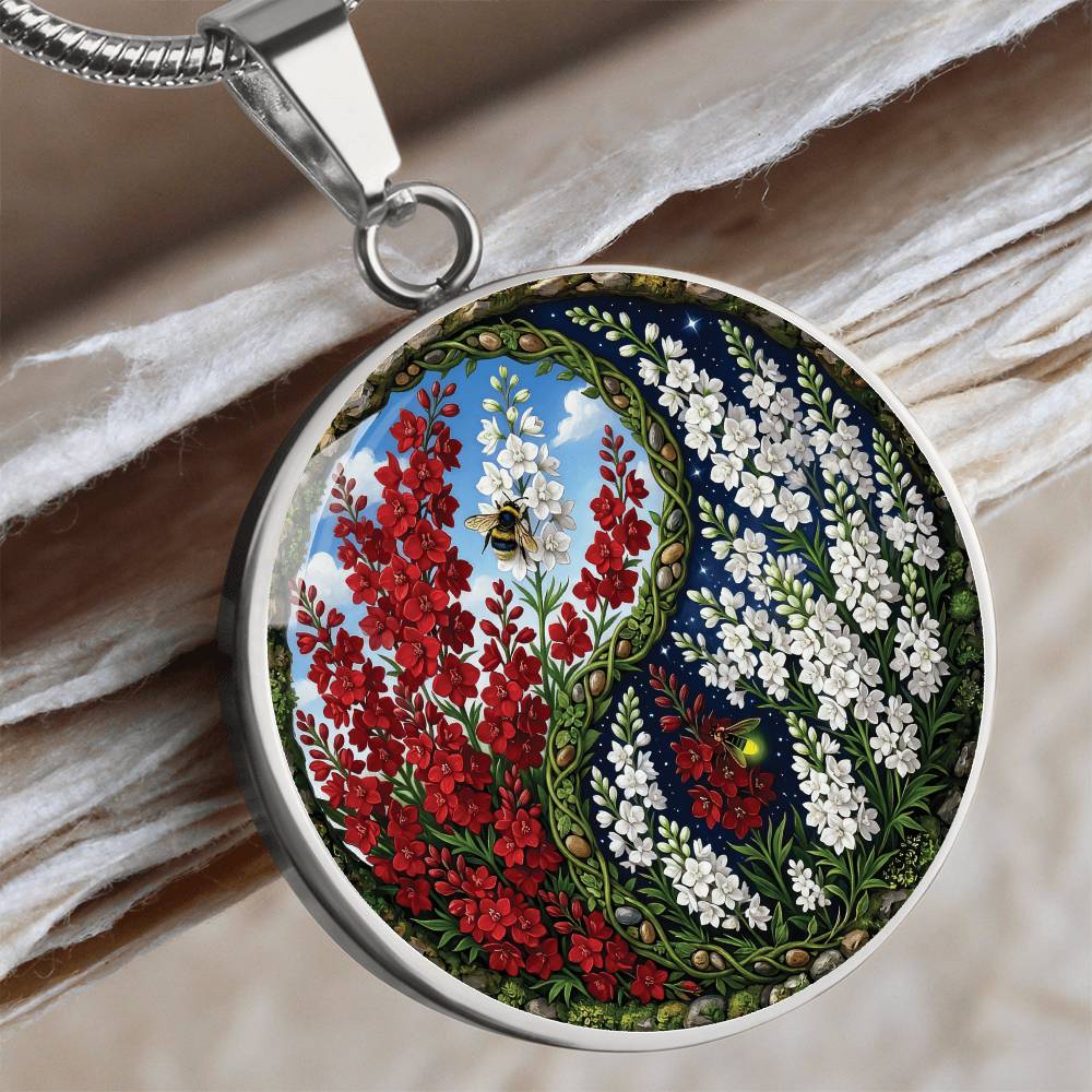 Larkspur Yin Yang Necklace - July Birth Month Flower Pendant Jewelry