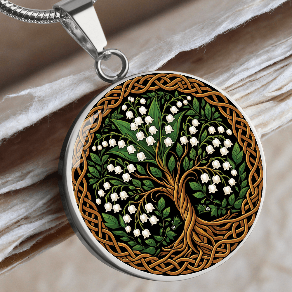 Celtic Tree of Life Pendant Necklace - Lily of the Valley May Birth Flower Jewelry