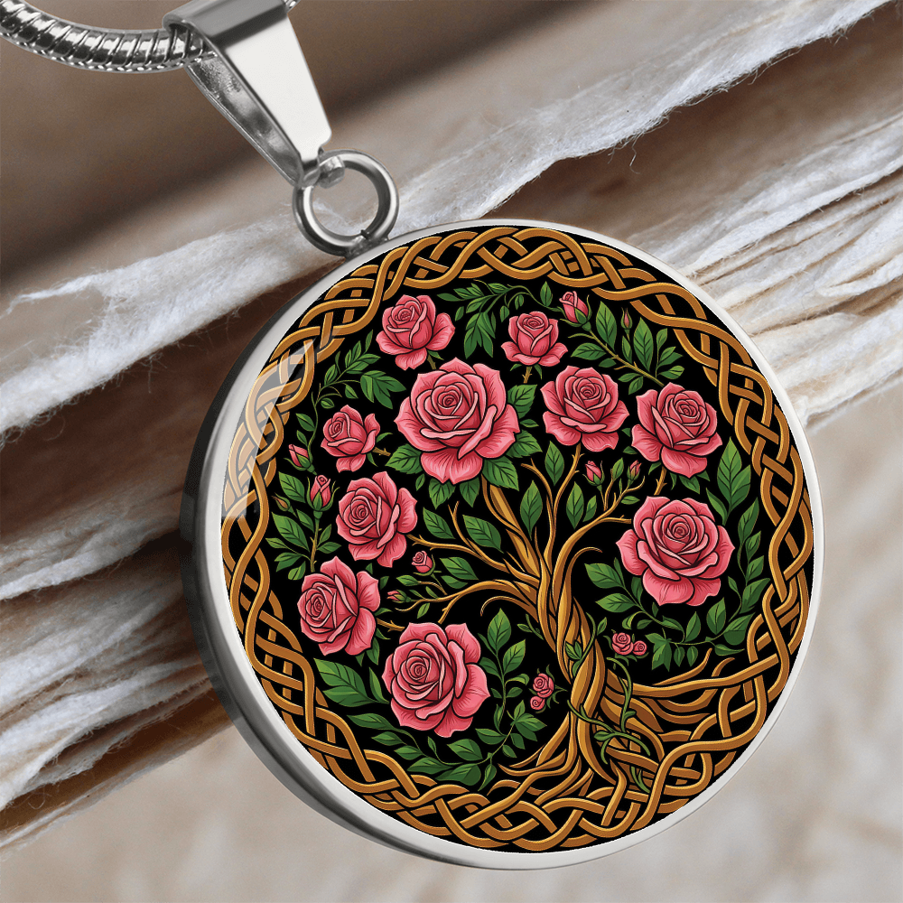Celtic Tree of Life Pendant Necklace - Rose June Birth Flower Jewelry
