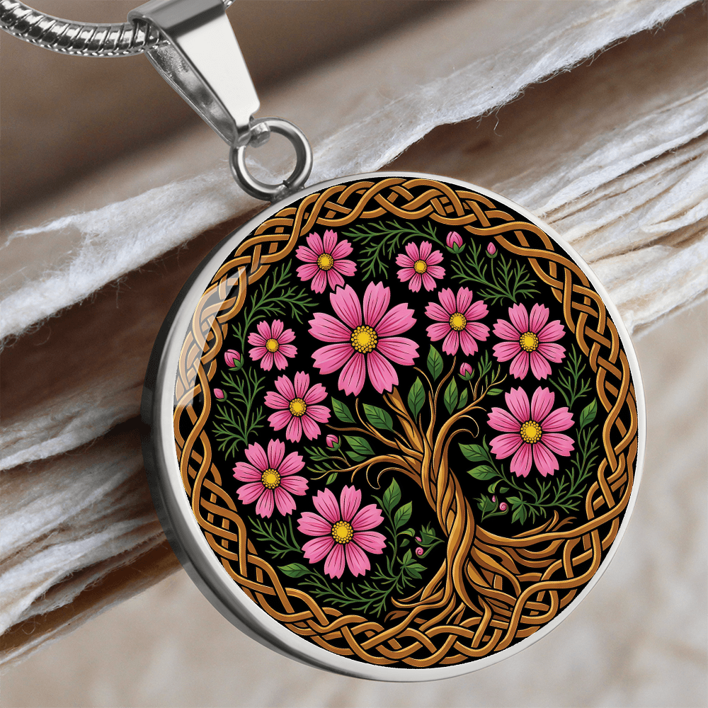 Celtic Tree of Life Pendant Necklace - Cosmos October Birth Flower Jewelry