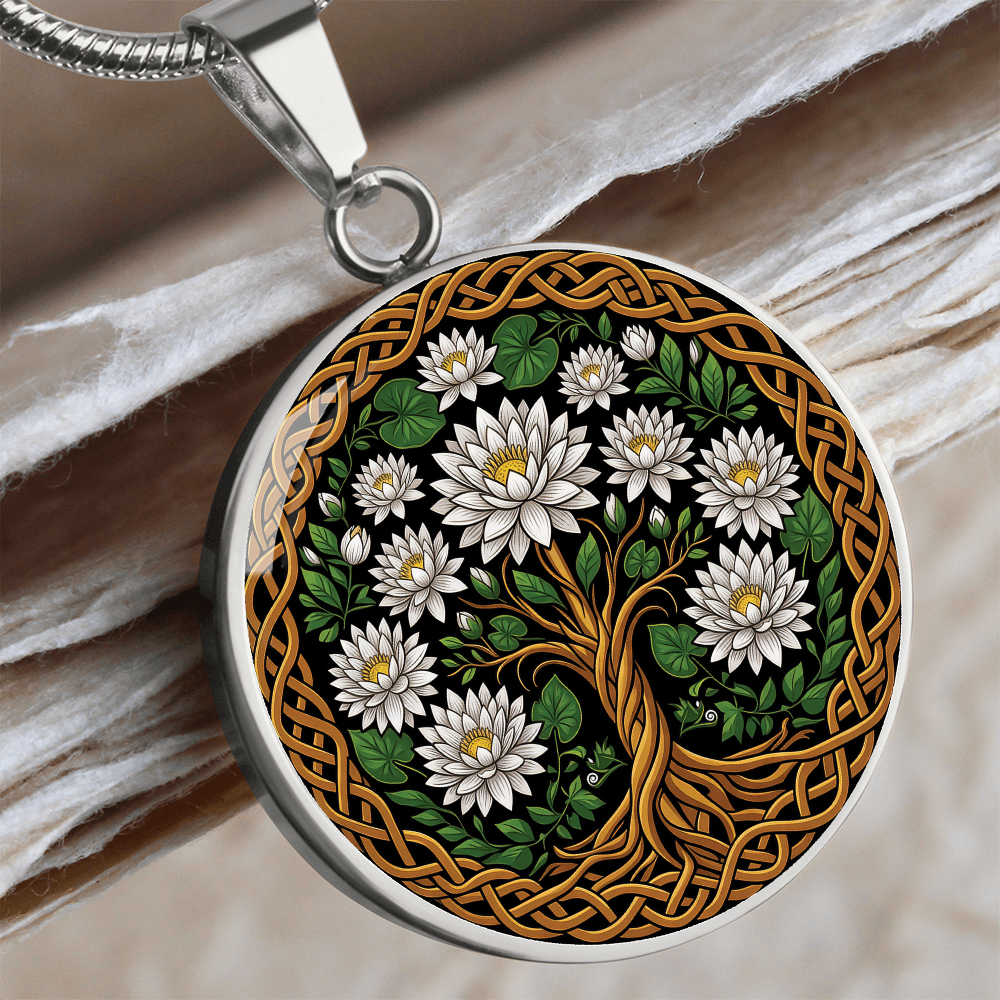 Celtic Tree of Life Pendant Necklace - Water Lily July Birth Flower Jewelry