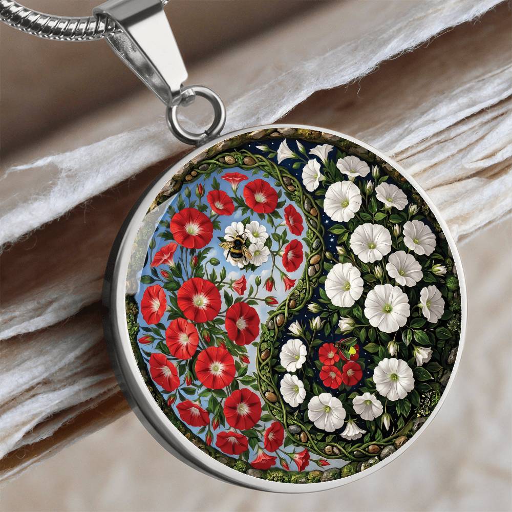 Red and White Morning Glory Yin Yang Necklace - September Birth Month Flower Pendant Jewelry