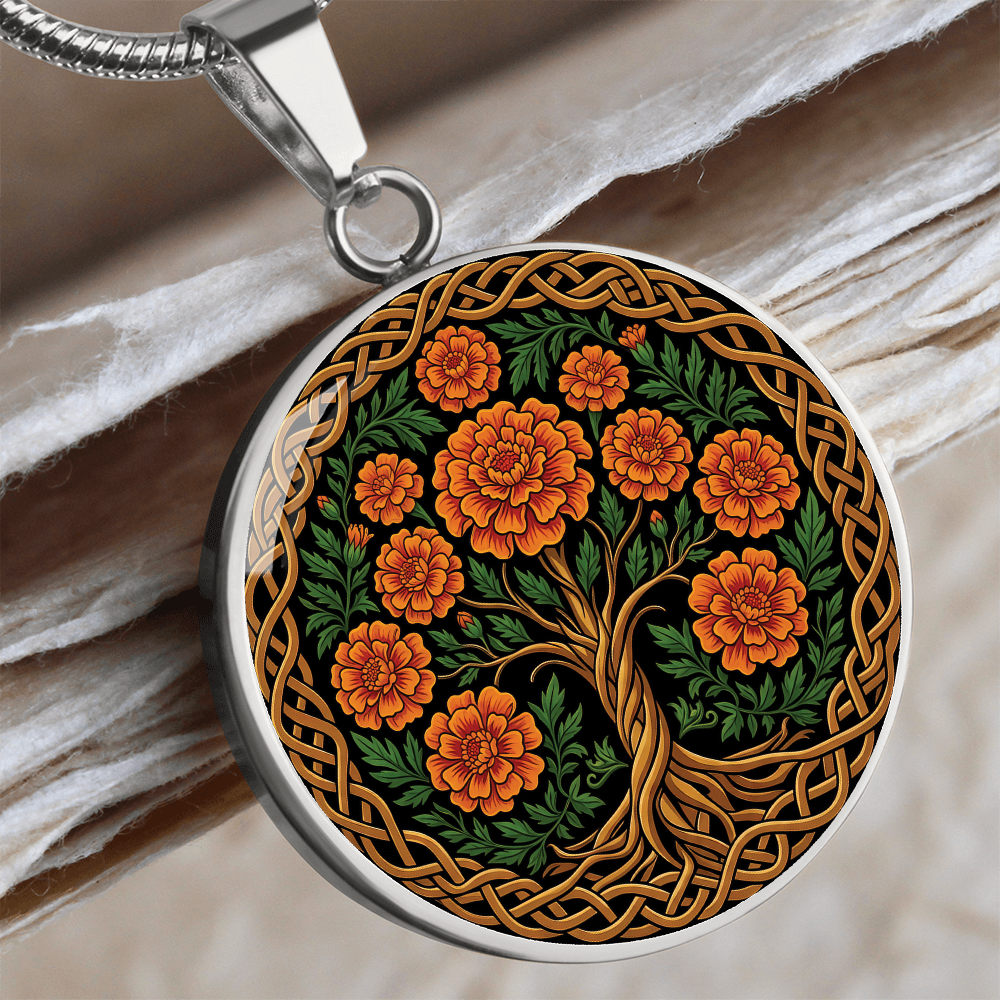 Celtic Tree of Life Pendant Necklace - Marigold October Birth Flower Jewelry