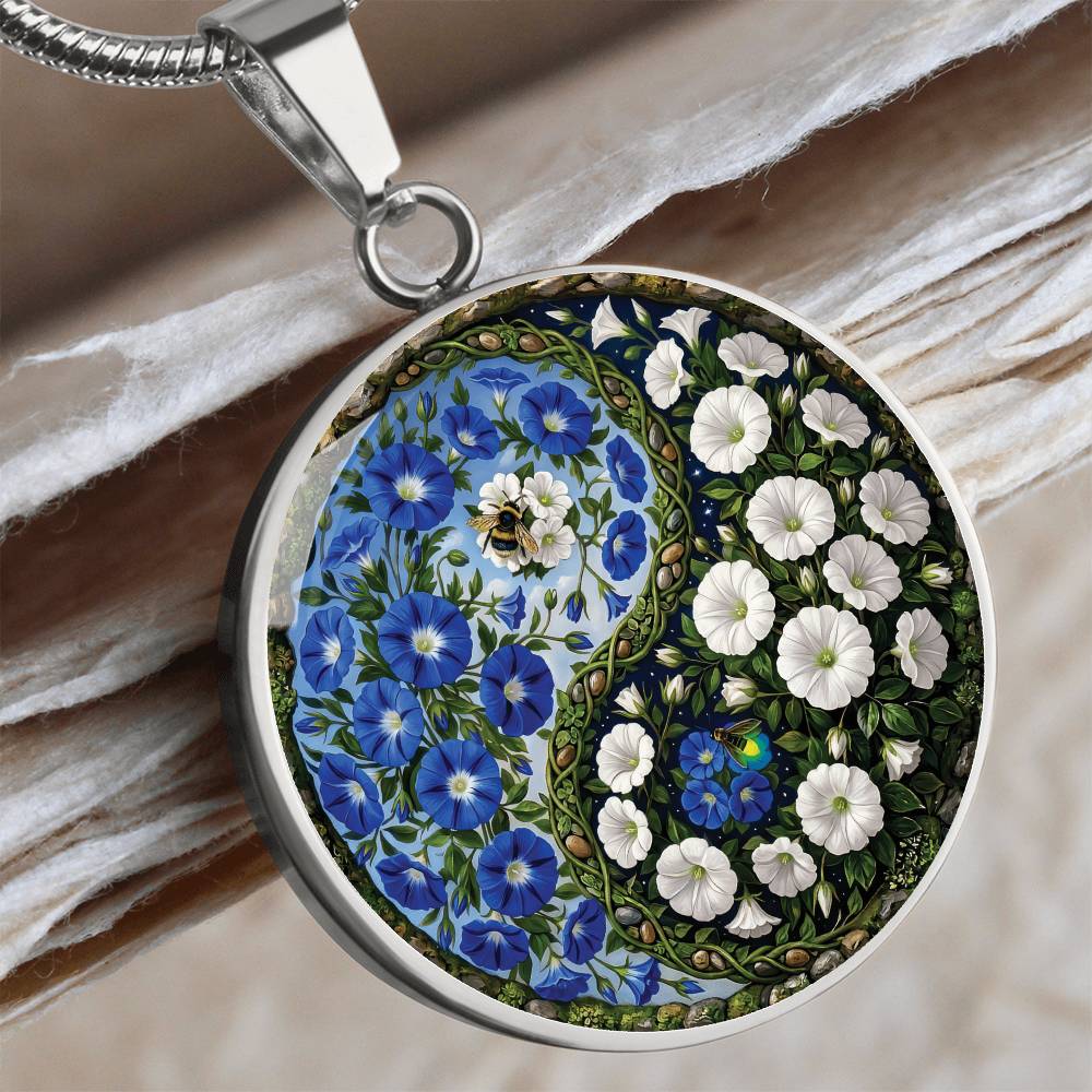 Morning Glory Yin Yang Necklace - September Birth Month Flower Pendant Jewelry