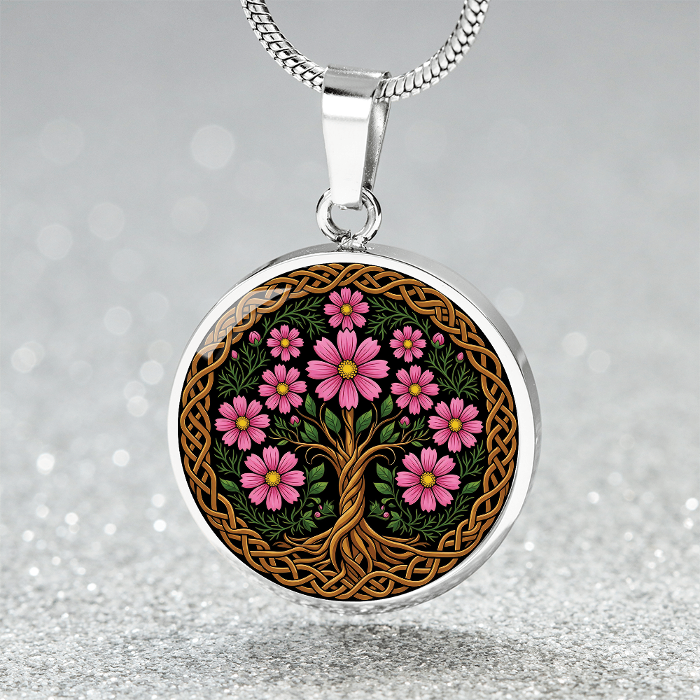 Celtic Tree of Life Pendant Necklace - Cosmos October Birth Flower Jewelry