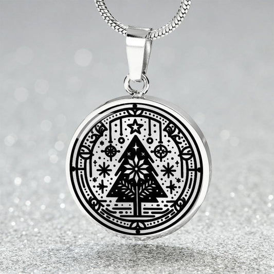 Elegant silver pendant necklace featuring a Winter Christmas theme with a Tree set against a silver backdrop. This necklace offers personalization with an engraving option for a name.