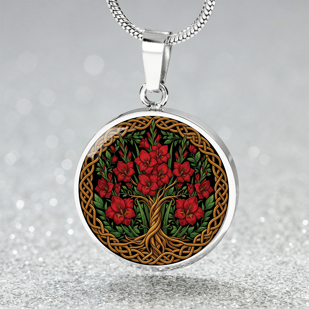 Celtic Tree of Life Pendant Necklace - Gladiolus August Birth Flower Jewelry