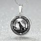 An Elegant silver pendant Celtic Wolf necklace With a silver and Black background. This jewelry offers personalization with an engraving option for a name.