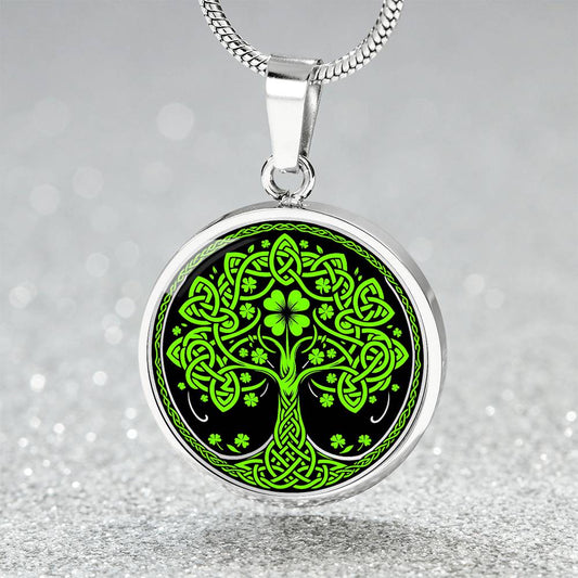 Elegant Silver pendant featuring a vivid Green Celtic four leaf Clover Tree of Life Necklace, set against a Black & silver backdrop. This jewelry offers personalization with an engraving option for a name.