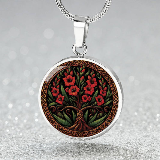 an elegant silver pendant Gladiolus Tree of Life Necklace. The Colors are red, green, brown and black. This jewelry offers personalization with an engraving option for a name.