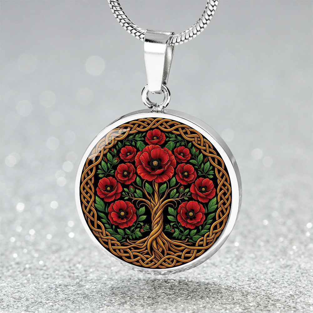 Celtic Tree of Life Pendant Necklace - Poppy August Birth Flower Jewelry