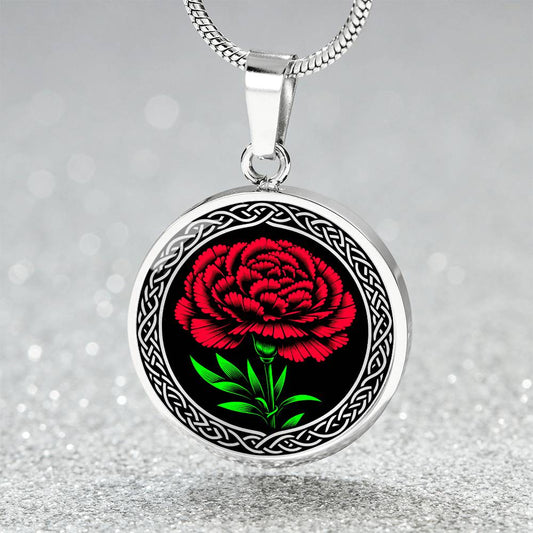 An elegant Celtic silver pendant  January Birth Flower Carnation necklace featuring a vivid red carnation, green stem and leaves, set against a silver & black backdrop. This jewelry offers personalization with an engraving option for a name.