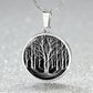 Elegant silver pendant featuring a vivid silver Birch Tree Necklace, set against a Black backdrop. This jewelry offers personalization with an engraving option for a name.