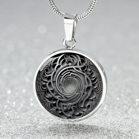 an Elegant silver pendant Maze Victorian necklace. The maze colors are silver and grey. This jewelry offers personalization with an engraving option for a name.