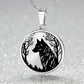 an Elegant pendant silver wolf necklace featuring a vivid Black Wolf in the forest, set against a silver backdrop. This jewelry offers personalization with an engraving option for a name.