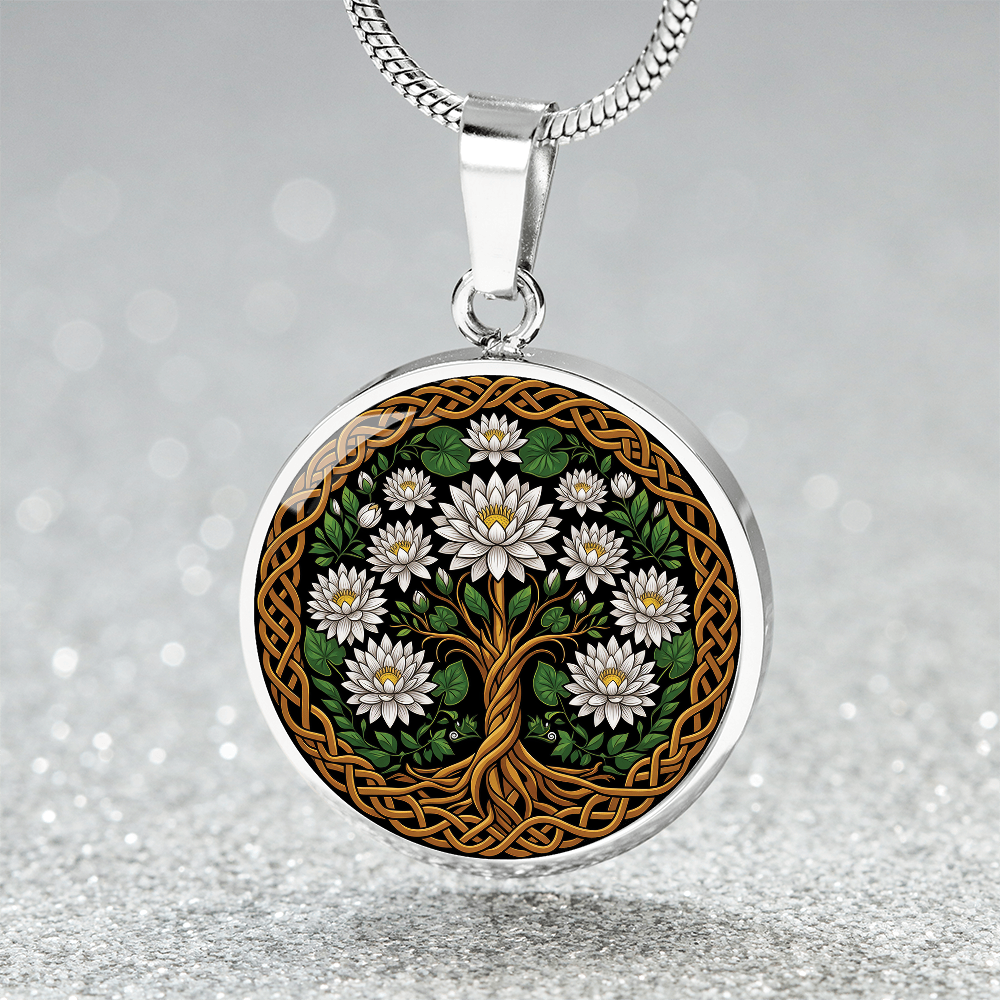Celtic Tree of Life Pendant Necklace - Water Lily July Birth Flower Jewelry