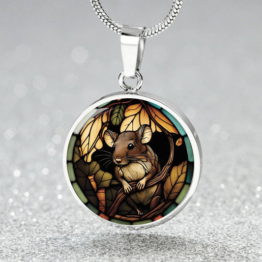 an Elegant silver pendant Rat necklace. Brown Rat, Brown Twigs, yellow and green leaves, blue, orange and green border. This jewelry offers personalization with an engraving option for a name.