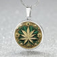 an Elegant silver pendant Weed Leaf necklace featuring a Green and Gold Marijuana Leaf. This jewelry offers personalization with an engraving option for a name.