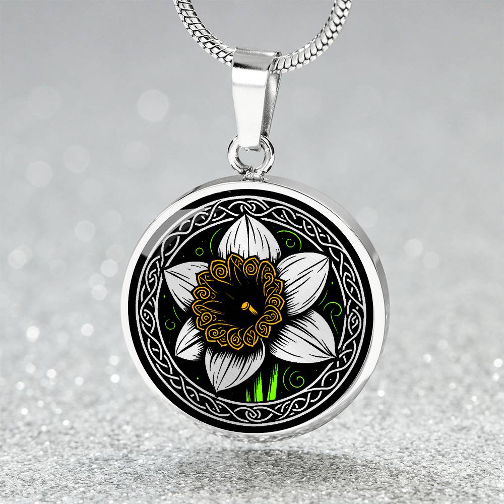 Elegant silver pendant featuring a vivid Yellow Daffodil Birth Flower Necklace, March birth month flower, set against a Green & Black backdrop with a Celtic border. Personalization with an engraving option for a name.