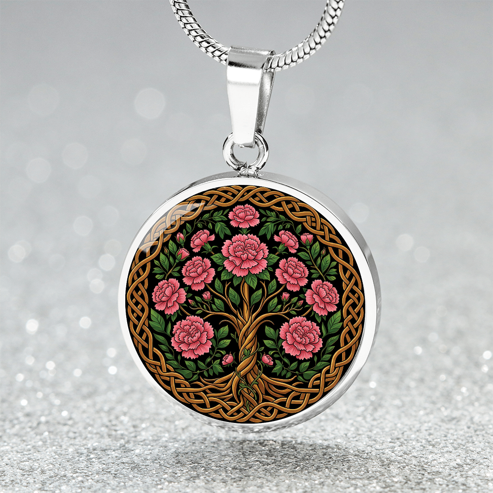 Celtic Tree of Life Pendant Necklace - Carnation January Birth Flower Jewelry