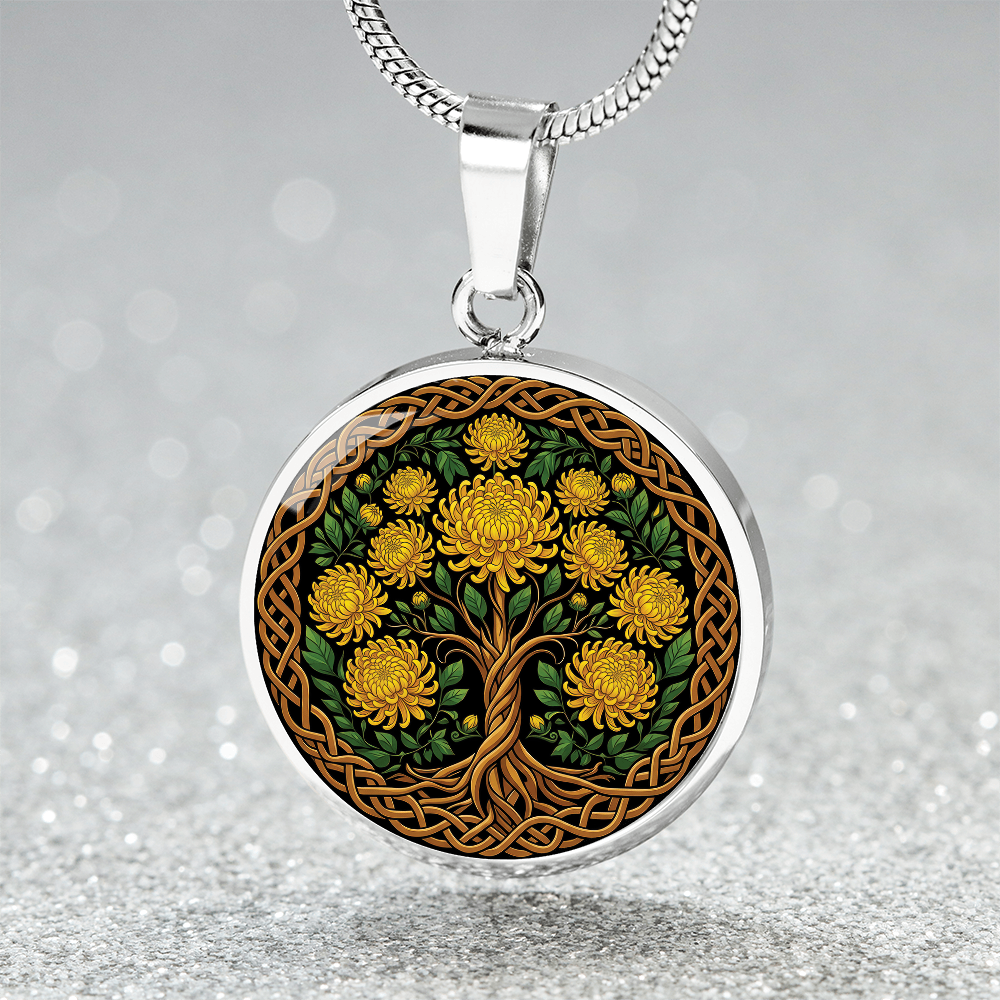 Celtic Tree of Life Pendant Necklace - Chrysanthemum November Birth Flower Jewelry