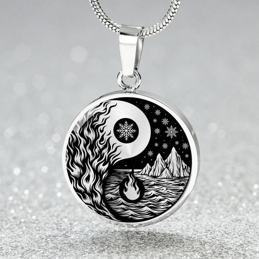 Elegant silver pendant featuring a vivid Silver Fire, Water, snowflakes and Icebergs. set against a Black backdrop. This jewelry offers personalization with an engraving option for a name.