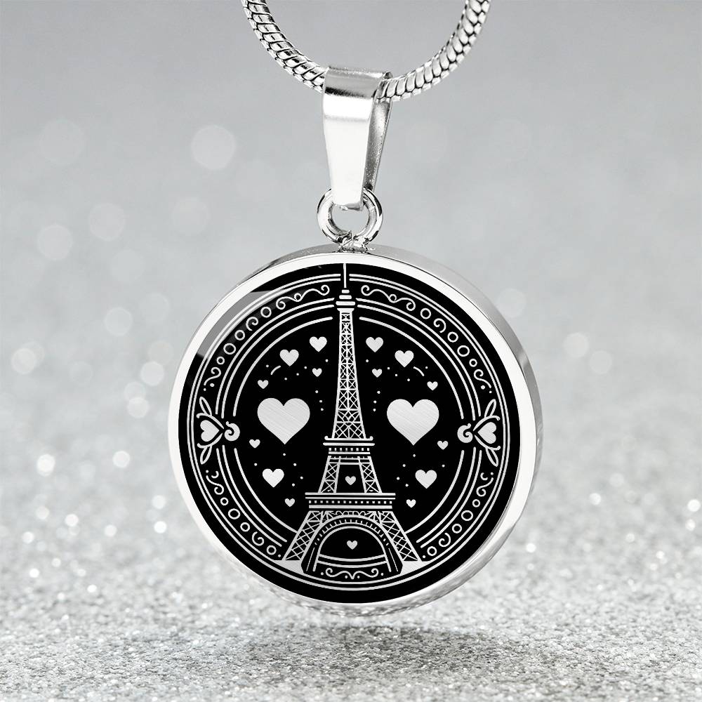 An Elegant silver pendant featuring a Valentines Design with a vivid Silver Eiffel Tower Necklace, set against a silver and black backdrop. This jewelry offers personalization with an engraving option for a name.