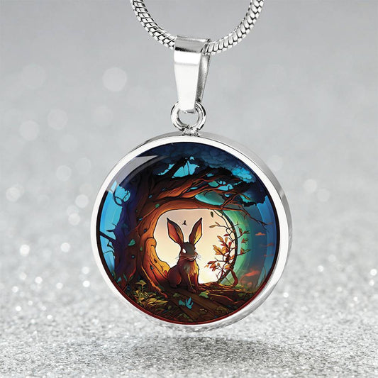 an elegant silver pendant Wood Rabbit Necklace. The Colors are brown, white, green, blue, yellow and red. This jewelry offers personalization with an engraving option for a name.