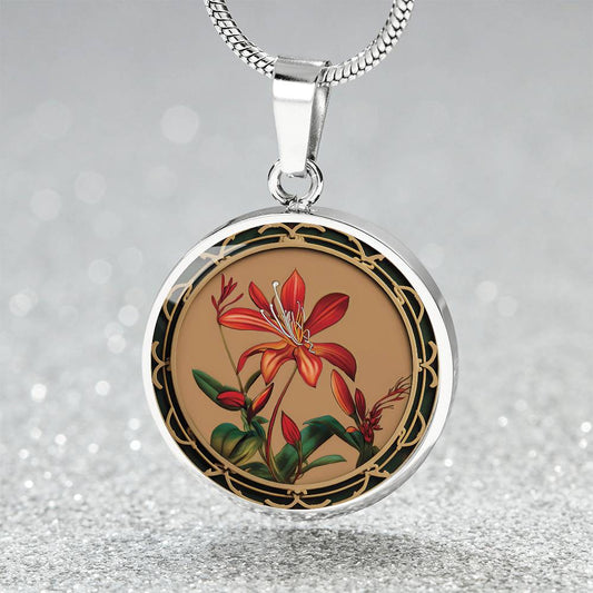 Elegant silver pendant Honeysuckle Necklace, Junes birth month flower, Colors are Tan, Red, Green and black. This necklace offers personalization with an engraving option for a name.