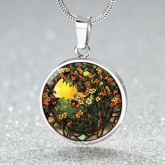 An elegant silver pendant Hawthorn Necklace. Colors yellow Flowers and Sky, Green Leaves, Brown branches, Orange Berries & Flowers. This jewelry offers personalization with an engraving option for a name.