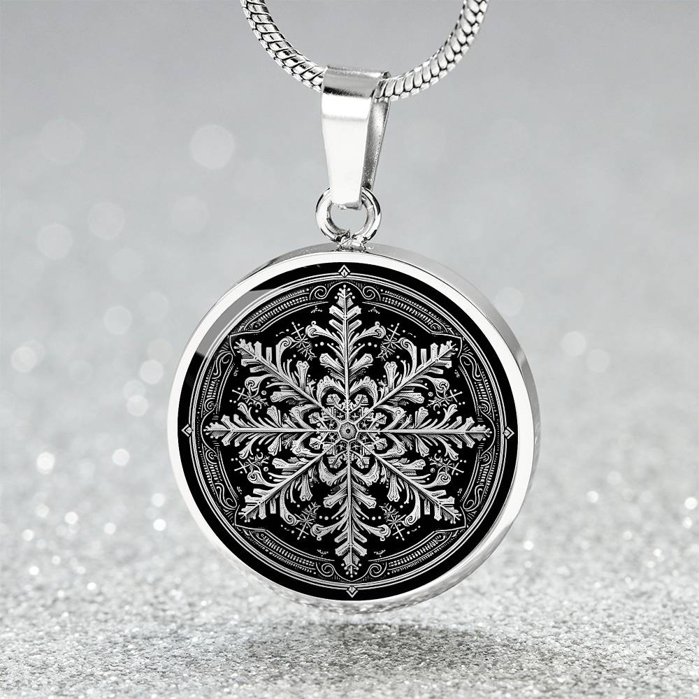 Elegant Silver pendant necklace featuring a vivid Silver Snowflake , set against a Black backdrop. This necklace offers personalization with an engraving option for a name.