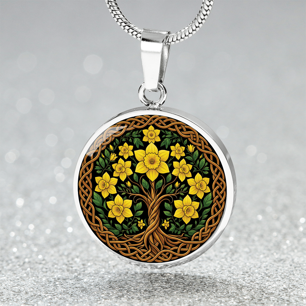 Celtic Tree of Life Pendant Necklace - Daffodil March Birth Flower Jewelry