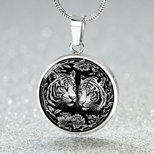 An elegant silver pendant Year of the Tiger Necklace. The colors are silver and black. This jewelry offers personalization with an engraving option for a name.