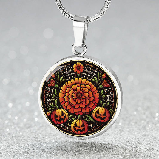 Silver Pendant Orange Marigold Flower Necklace, With green grass, white spider web, Orange Jack O Lanterns and Black bats. This necklace offers personalization option for a name.