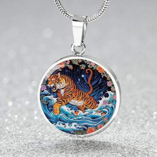 An elegant silver pendant Chinese Zodiac Tiger Necklace. The colors are blue, black, green, orange, white, pink, purple and red. This jewelry offers personalization with an engraving option for a name.