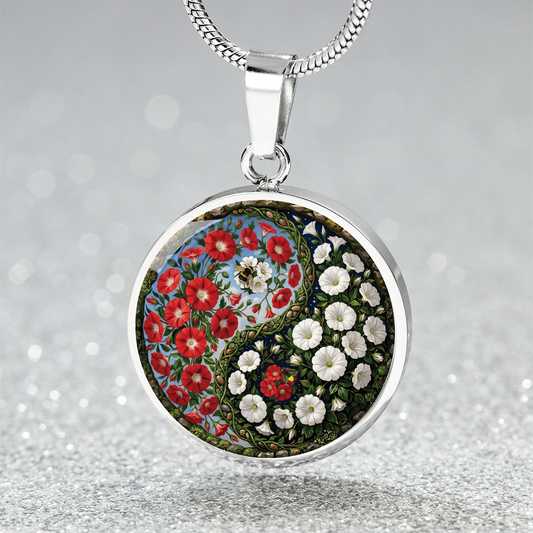 Red and White Morning Glory Yin Yang Necklace - September Birth Month Flower Pendant Jewelry