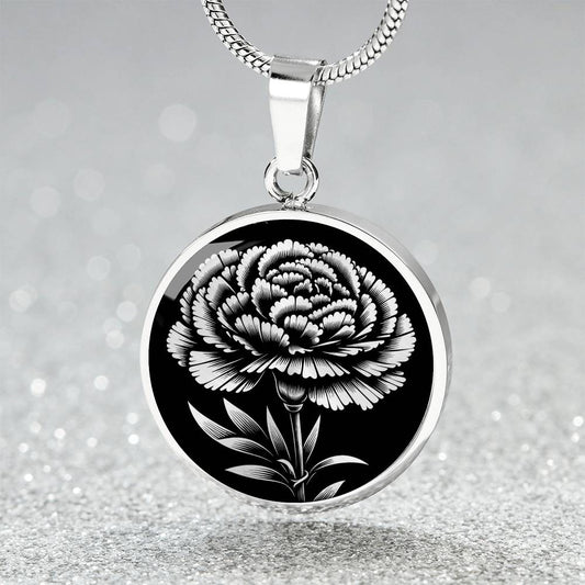 an Elegant January Silver pendant Carnation Birth Flower necklace featuring a vivid silver flower, set against a black backdrop. This jewelry offers personalization with an engraving option for a name.