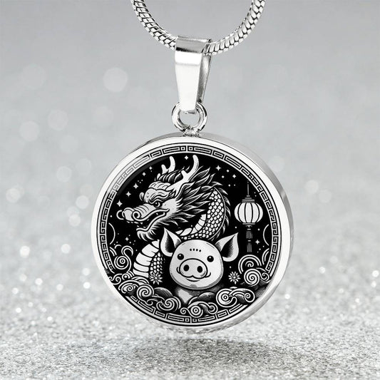 An Elegant silver pendant featuring a Year of the Pig and Year of The Dragon Necklace in silver and black. This jewelry offers personalization with an engraving option for a name.