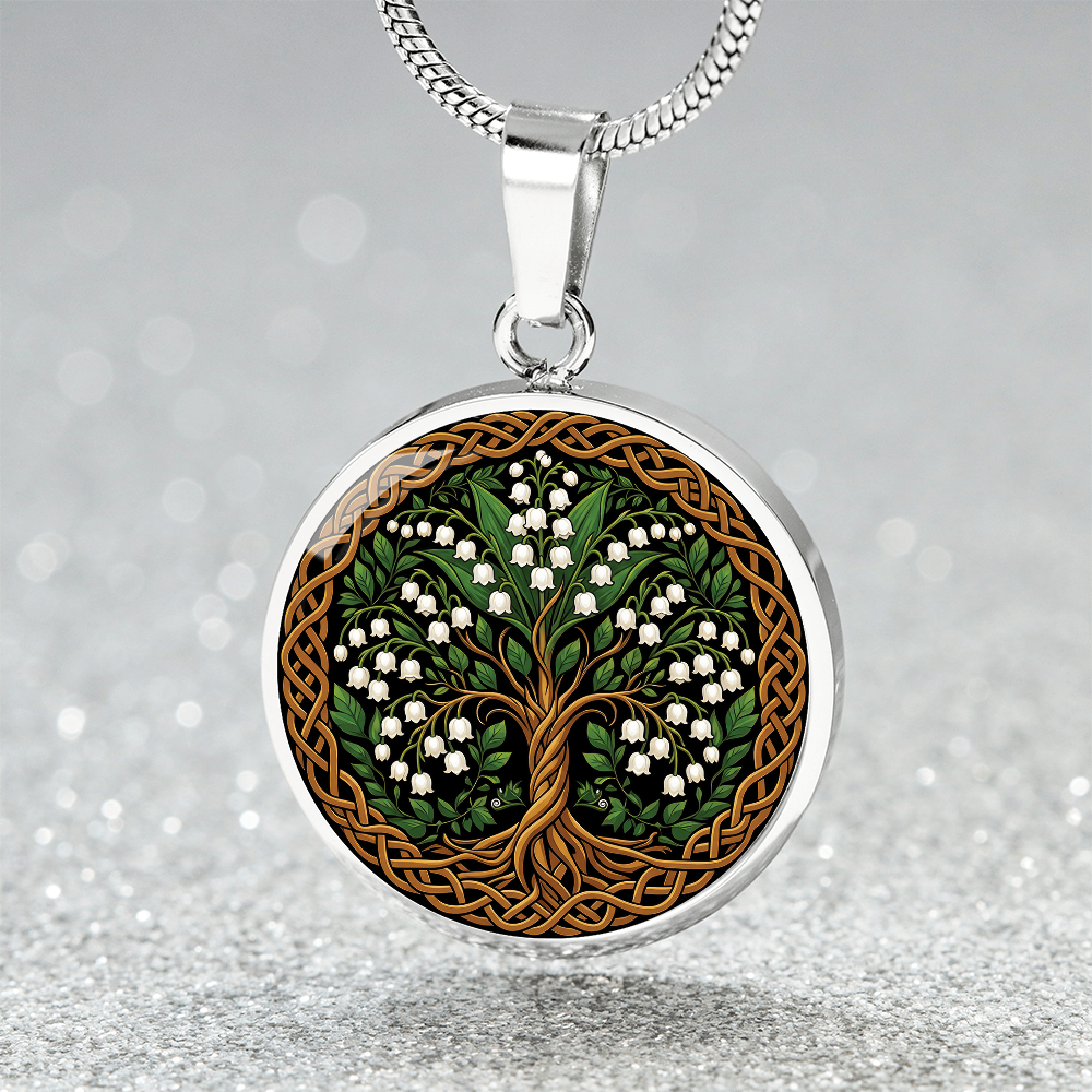 Celtic Tree of Life Pendant Necklace - Lily of the Valley May Birth Flower Jewelry