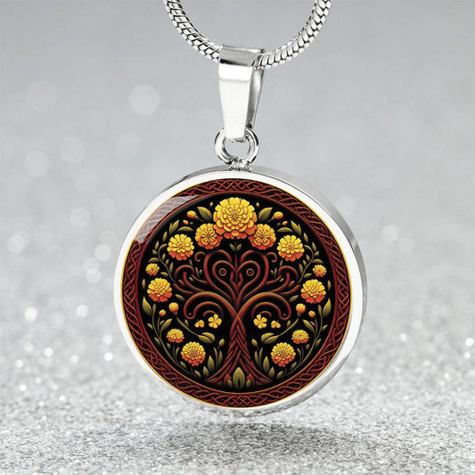 an elegant silver pendant Marigold Celtic Tree of Life Necklace. The Colors are yellow, green, brown and black. This jewelry offers personalization with an engraving option for a name.