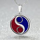 Elegant silver pendant featuring a vivid Fire red & Water blue Celtic Yin Yang Necklace set against a silver & Black backdrop. This jewelry offers personalization with an engraving option for a name.