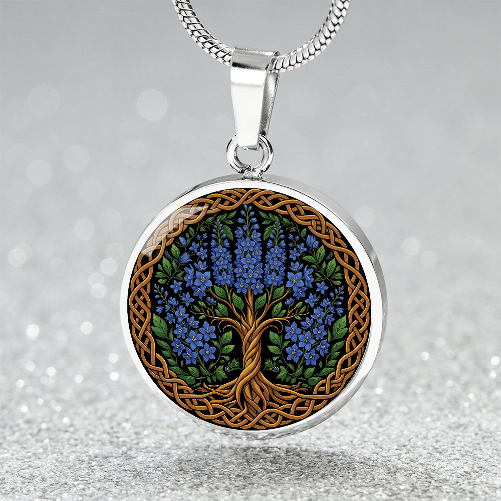 Celtic Tree of Life Pendant Necklace - Larkspur July Birth Flower Jewelry
