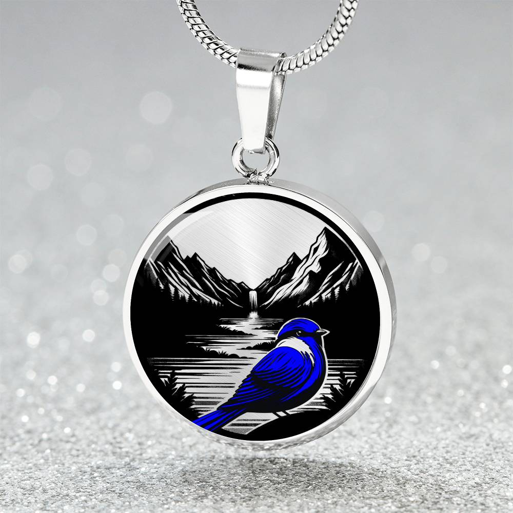 Bluebird Necklace, Golden Bird Jewelry Gifts For Her or Him, Idaho State Bird Glass Pendant Necklace, Engraved Nature Custom Charm Necklace