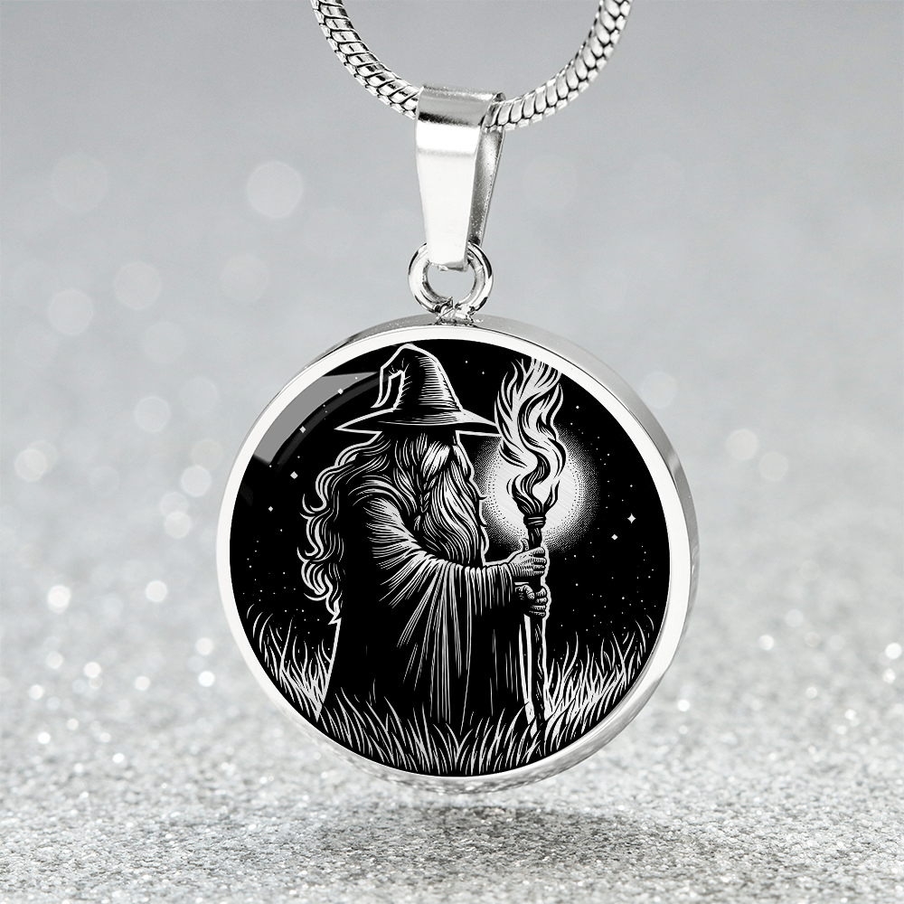 An Elegant silver pendant featuring a Fantasy Wizard Necklace in silver and black. This jewelry offers personalization with an engraving option for a name.