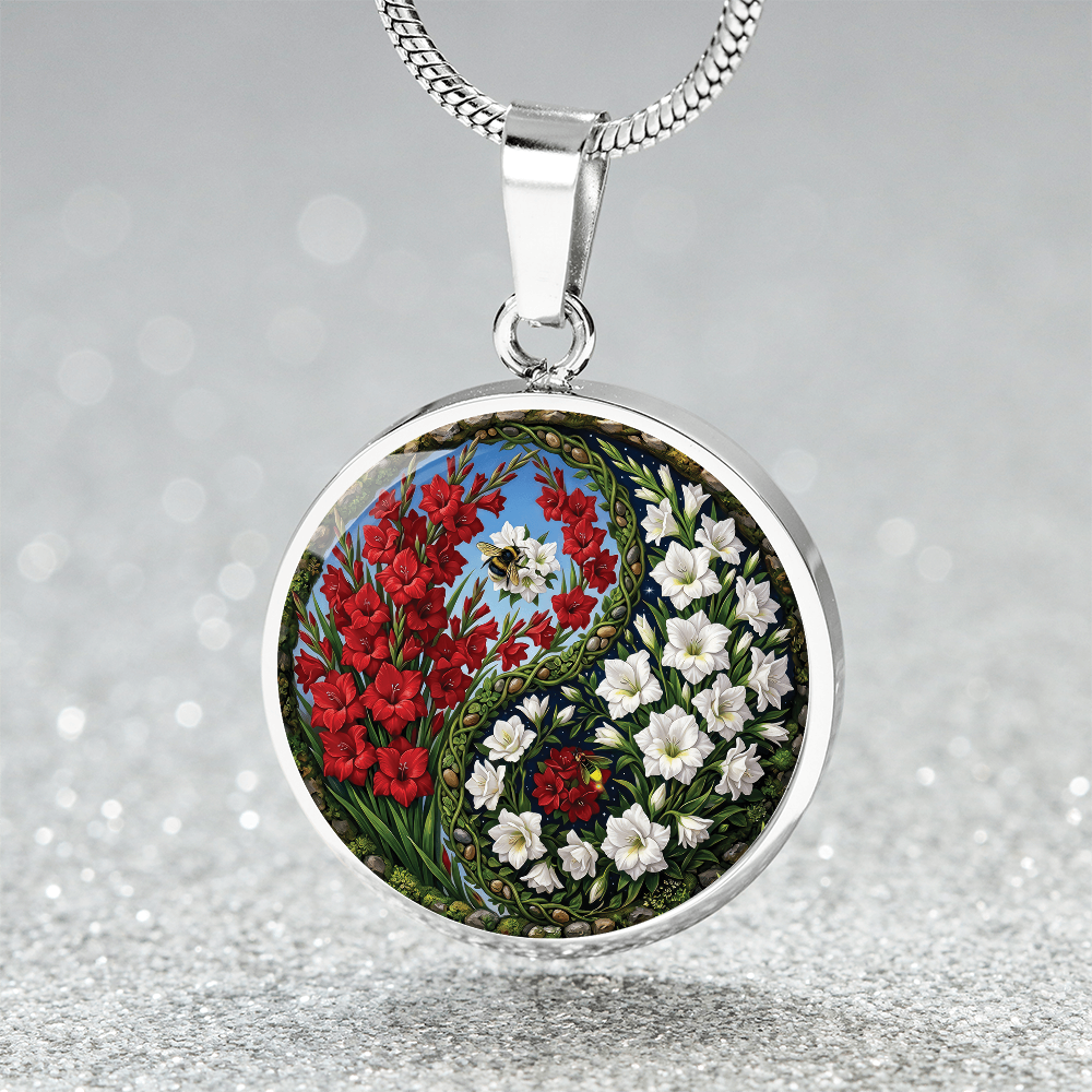 Gladiolus Yin Yang Necklace - August Birth Month Flower Pendant Jewelry