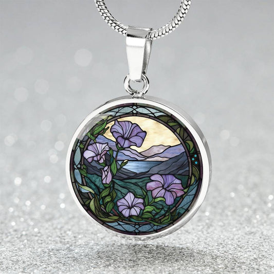 Silver Pendant Purple Morning Glory necklace, With green grass, a Yellow sky and purple mountains, Blue Lake, Muti Colored Border. This necklace offers personalization option for a name.