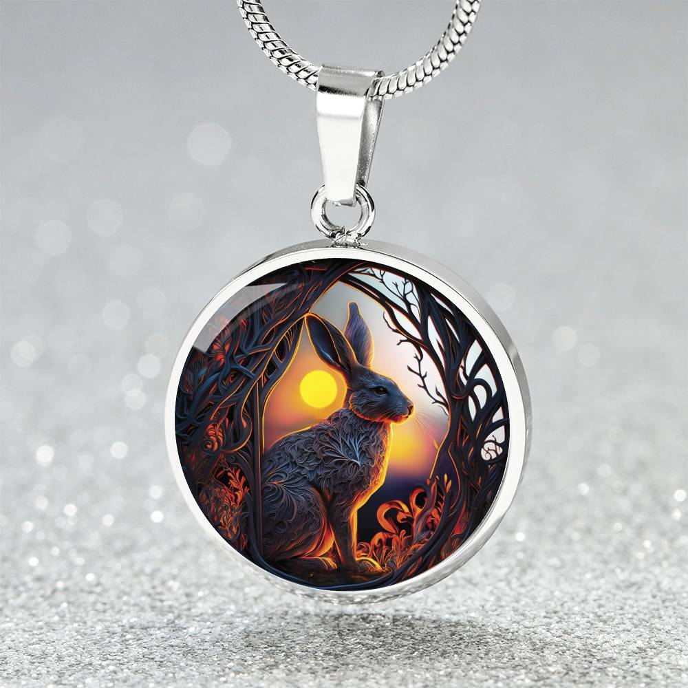 an Elegant silver pendant Easter Bunny necklace featuring yellow sun, brown trees, brown rabbit, blue and white sky. This jewelry offers personalization with an engraving option for a name.