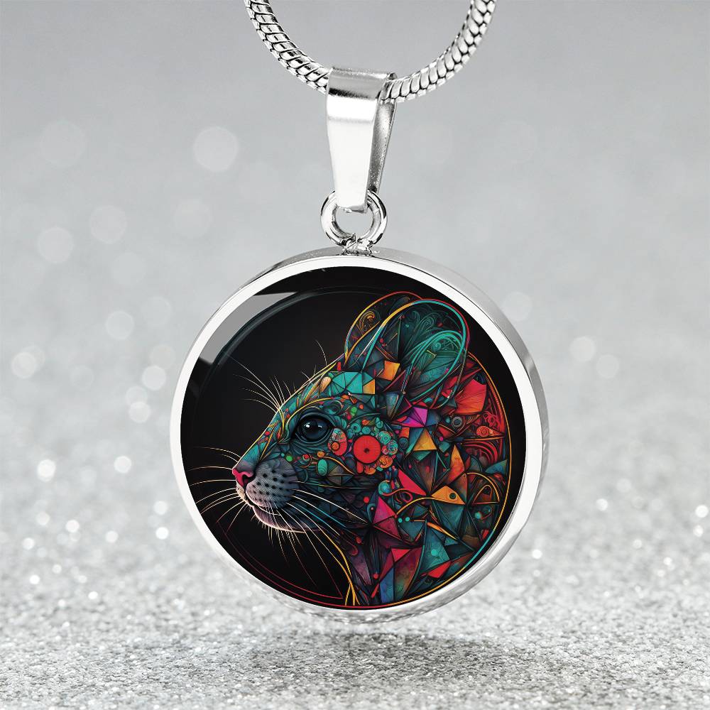 An elegant silver pendant multicolored Chinese Zodiac Rat Necklace. This jewelry offers personalization with an engraving option for a name.